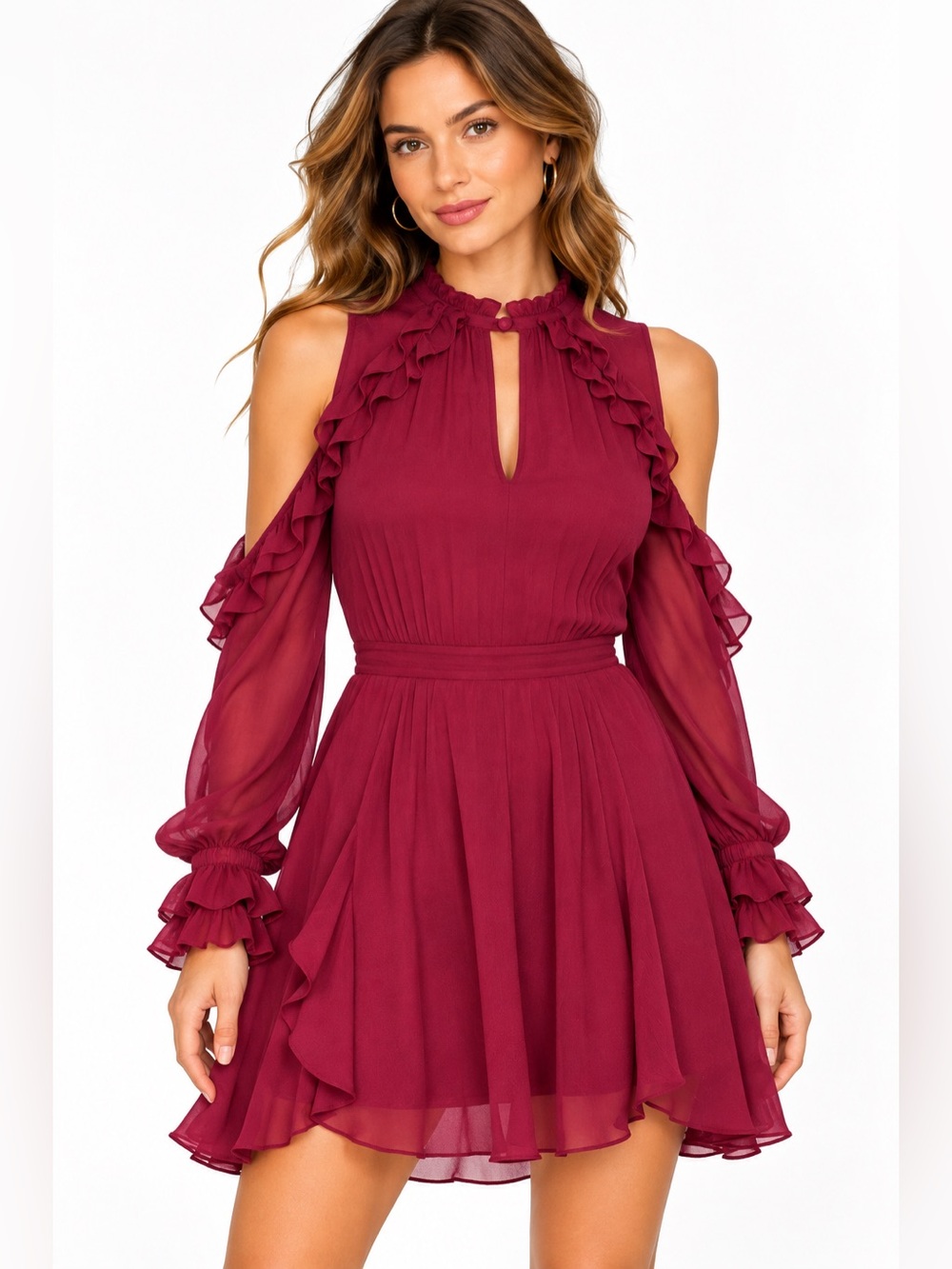 IRO NWT Hanie Wine Ruffle Cold Shoulder Mini Dress Size 38 US 6